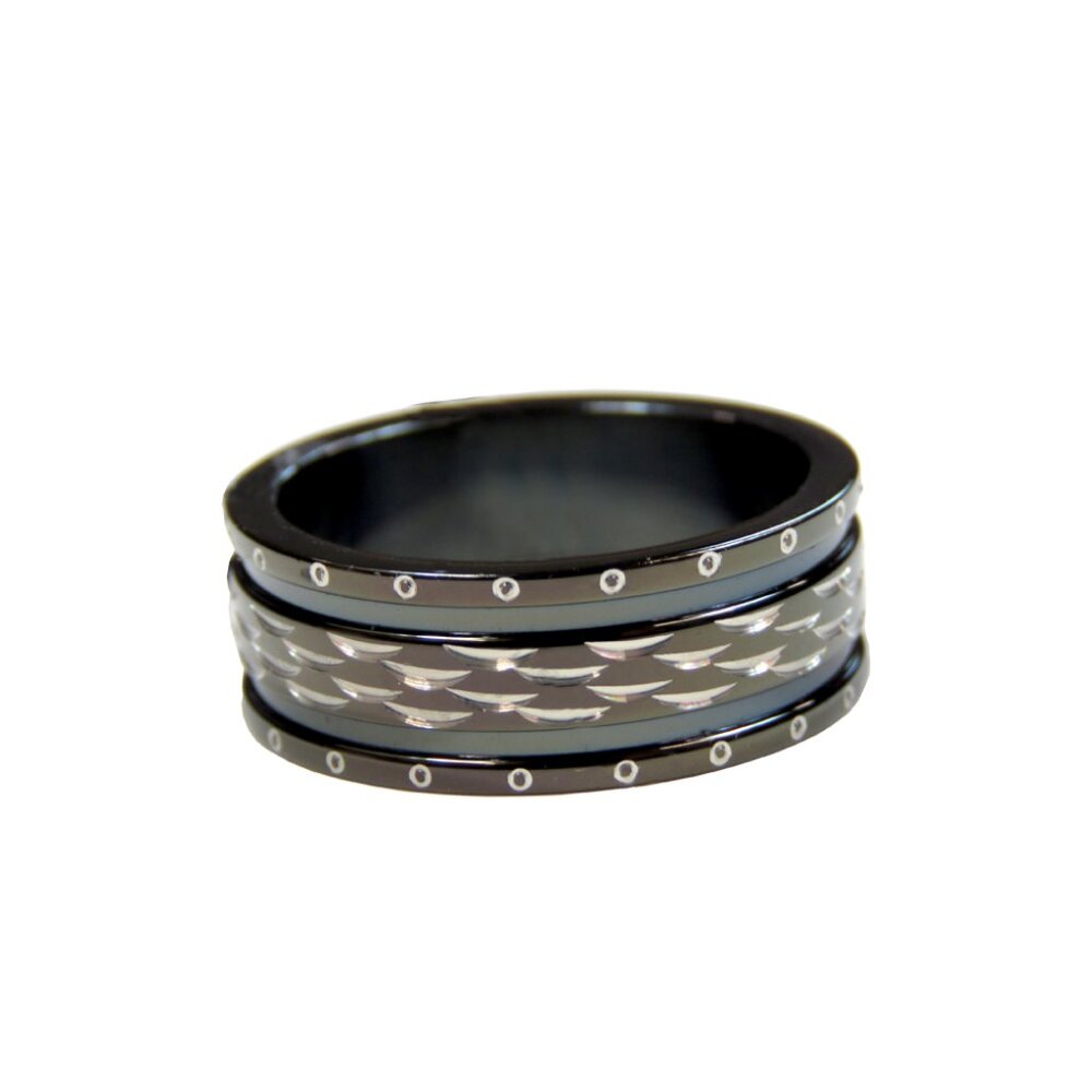 Inox Men's Black Stainless Steel Ring with Textured Accents